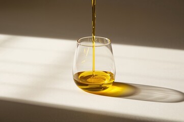 Premium olive oil stream poured into tasting glass on clean ceramic surface