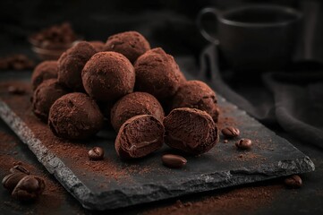 Dark chocolate truffles dusted with cocoa on slate board beside espresso cup