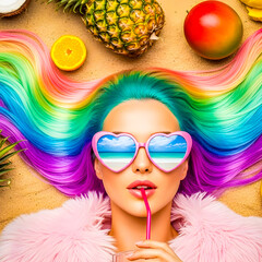 Glamorous woman with rainbow gradient hair