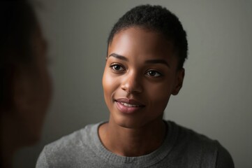 Attentive listening portrait with warm light gentle smile and calm eye contact