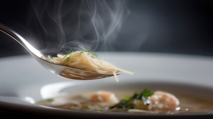 Delicious steaming noodle dish with shrimp, herbs, and broth, served on a pristine plate, perfect for culinary enthusiasts and food photography lovers