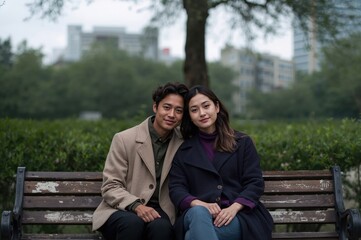 Two people talking on park bench with soft urban background and trust