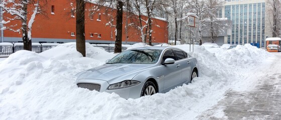 Heavy snowfall covers parked car in winter parking lot during blizzard conditions with deep snow accumulation around the vehicle