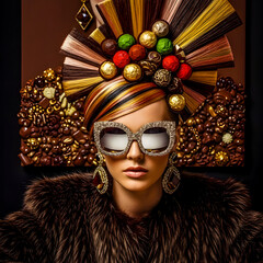 Gourmet model with chocolate-gold-rose gold hair fanned with luxury truffles