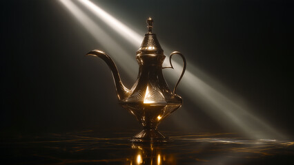 Golden Teapot Under the Spotlight:  A captivating golden teapot, an emblem of cultural heritage, is illuminated by a beam of light. 