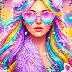  Magical woman with pastel rainbow hair surrounded by colorful sprinkles
