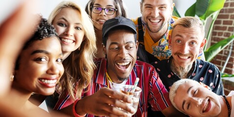 Group of diverse friends smiling, celebrating, enjoying a party. Happy faces, joyful moments, and...