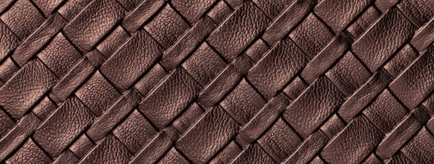 Texture dark brown leather background with woven braided pattern, macro. Abstract bronze upholstery surface