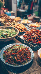 Fototapeta premium Traditional Asian Street Food Market Display Featuring Crispy Fried Edible Insects and Spicy Grasshoppers Served with Green Herbs on Decorative Ceramic Plates at a Night Food Stall in Southeast Asia