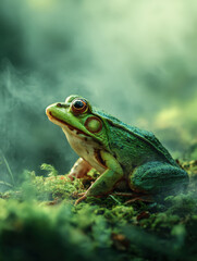 Fototapeta premium Close Up Macro Portrait of a Vibrant Green Bullfrog Sitting on Mossy Ground Surrounded by Ethereal Morning Mist and Fog in a Lush Enchanted Forest Environment for Wildlife and Nature Photography