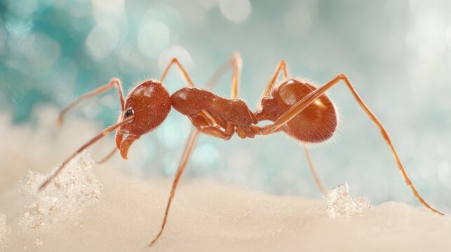 Close up of a red ant showcasing detail against a blurred airy background