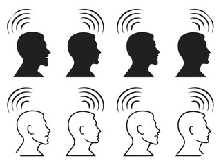 Eight Human Head Silhouettes with Sound Waves Communicating Information and Ideas communication speech