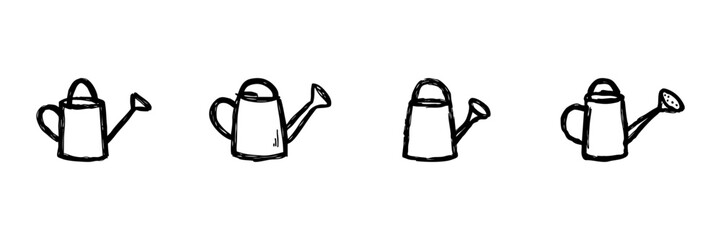 Obraz premium Watering Can Line Icon Set In Doodle Style. Gardening, Plant Care, And Irrigation Tools Outline Sketch Collection. Hand Drawn Isolated Vector Illustration