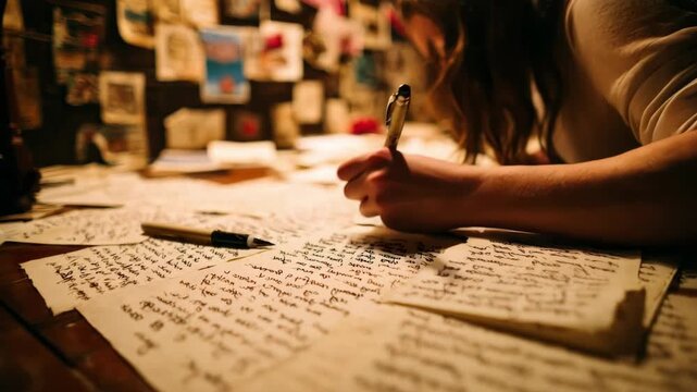 Closeup of a linguist refining literary text translations focusing on preserving emotional depth and cultural context in a cozy study environment.
