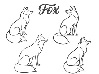 Five Outline Illustrations Of Foxes With The Word Fox In Script Font animal drawing
