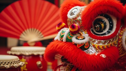 Red lion dance with fan and drum