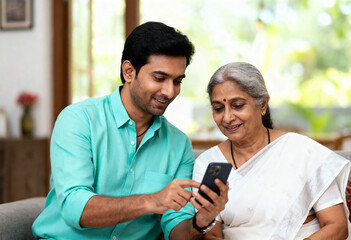 An Indian son teaching his elderly mother how to use a smartphone at home. Intergenerational family bonding and digital literacy concept