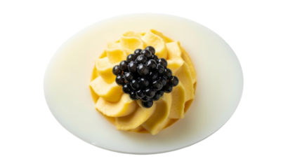 Deviled egg with yolk mousse and caviar topping, isolated on transparent background