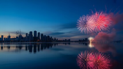 Fototapeta premium City Skyline Fireworks Reflection Night Sky Celebration