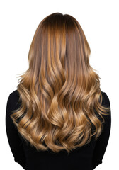 Naklejka premium Young woman from rear, long voluminous wavy balayage hair, sun-kissed blonde highlights, black top, soft studio lighting on neutral gray background. Concept of elegant hair beauty and professional