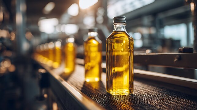 Close-up of glass bottles filled with golden liquid, moving on a conveyor belt in a factory