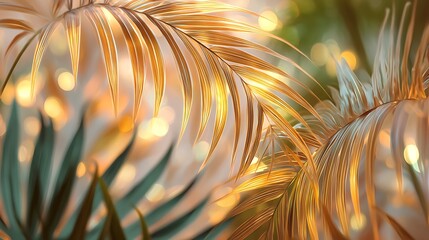 Close-up of golden palm leaves with blurred background lights, evoking a warm, inviting feel