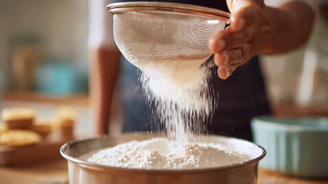 Shot of baker gently shaking cake flour through a fine mesh sifter focusing on achieving lightness in dessert mixtures.