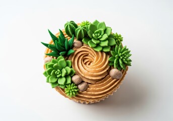 An intricate dessert cupcake designed with light brown frosting and edible green succulent decorations, mimicking a miniature arid desert landscape, desert, succulent, yellow