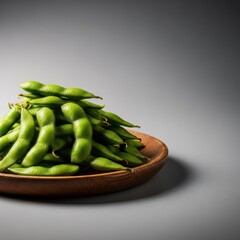 Bright green soybean pods, freshly steamed and served in a heap on a rustic wooden plate, ready to be enjoyed as a healthy snack, soybean, appetizer, plate