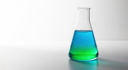 Clear glass Erlenmeyer flask containing translucent liquid, isolated on a bright white surface, representing chemistry, science, or laboratory work, flask, biology, laboratory