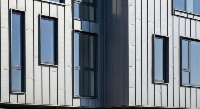 Architectural detail of a contemporary semi-detached house facade featuring sleek gray zinc sheet metal cladding and modern window design, suburban, facade, material