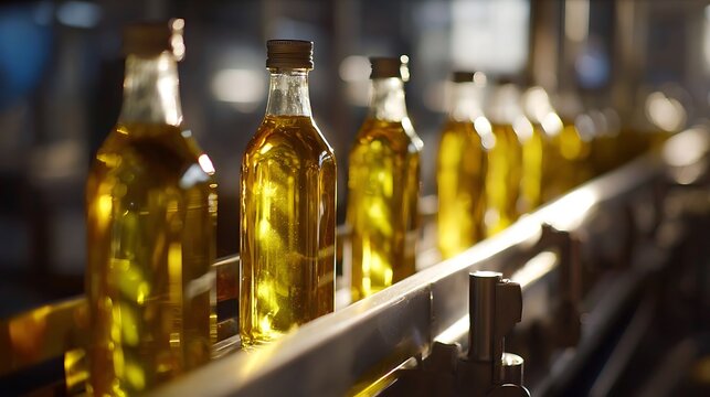 Production line of glass bottles filled with golden liquid, moving along a conveyor belt - Powered by Adobe