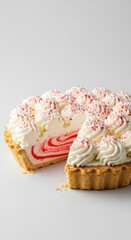Decadent whole peppermint cream pie ready for serving, showcasing a colorful swirl and thick whipped topping on a neutral background, festive, candy cane, graham cracker