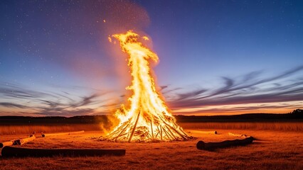 Large bonfire burning brightly against a dramatic twilight sky at dusk in an open field