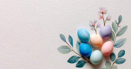 Colorful Easter eggs arranged with green leaves and delicate flowers on a light background. A festive decoration for the Easter holiday.