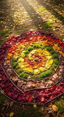 Ephemeral nature spiral constructed on the woodland floor using carefully arranged fallen leaves, twigs, and moss under dappled autumn sunlight, artwork, woodland, outdoor