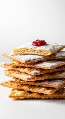 Golden brown, crispy, and delicious homemade flat pastries piled high on a white surface, perfect for breakfast or dessert time, baked, surface, sugar