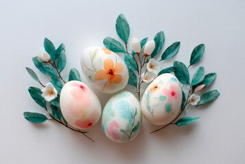 Colorful Easter eggs decorated with floral designs, surrounded by green leaves and small white flowers. A festive arrangement for spring celebrations.