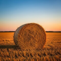 Golden dry haystacks sitting in a large open agricultural field under a bright summer sky, symbolizing farming and harvest season, countryside, outdoor, plentiful