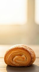 Golden flaky baked goods arranged on a wooden table, emphasizing the rich, buttery texture and fresh aroma of morning pastry, bakery, aroma, dairy