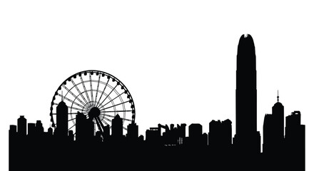 Silhouette of a city skyline featuring a ferris wheel and tall buildings