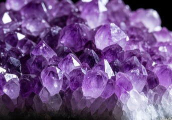 Stunning close-up of vibrant purple and white quartz crystal clusters showing intricate natural formations and deep geological beauty, sparkling, specimen, cluster
