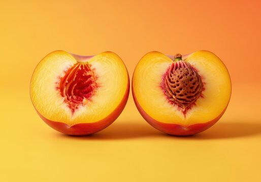 Vibrant orange-yellow freestone peaches cut open, showcasing juicy sweet flesh and easily separated pits, perfect summer dessert, pit, separation, dessert