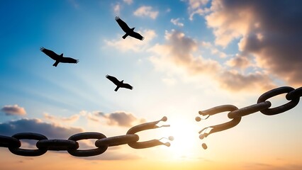 Silhouette of birds flying free from a broken chain against a dramatic sunset sky symbolizing freedom, hope, and breaking barriers