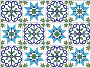 Mediterranean Portuguese tile mosaic pattern, geometric Floral flower vector seamless pattern bundle background design print