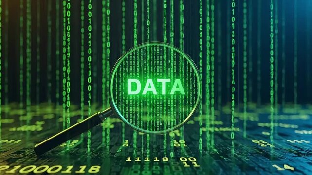 Magnifying glass reveals RISKS in digital code background