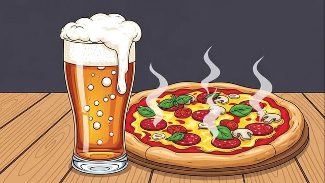 Cold Beer Glass Next to Hot Pizza Illustration on Wooden Table
