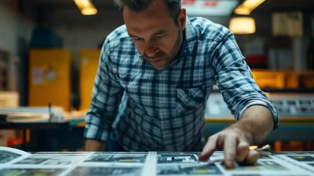 A focused specialist studies technical documentation, illustrating the importance of precision in engineering design, which is ideal for an educational background.
