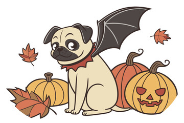 Happy Pug With Bat Wings Surrounded By Halloween Pumpkins And Leaves animal cute