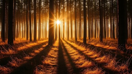 Sunlight shining through a dense forest of tall pine trees at sunset, casting long dramatic shadows across the forest floor covered in dry grass, creating an atmospheric and warm golden hour scene